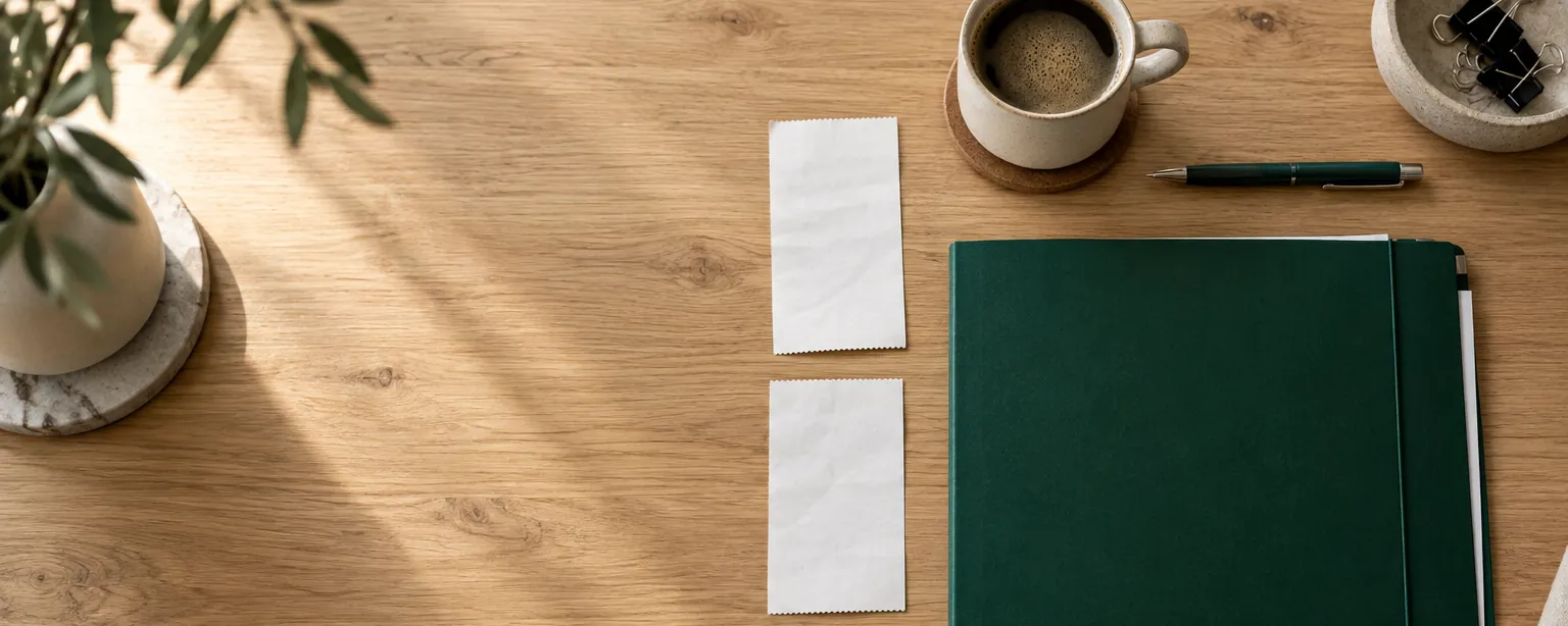 Receipts laid out neatly next to a green folder on a wooden table, a coffee beside them