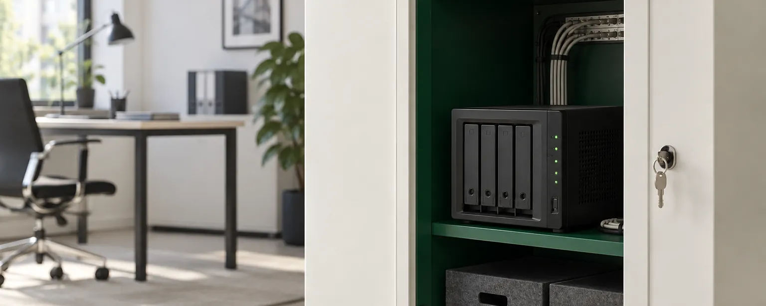 Small server in a lockable office cabinet, key in the lock