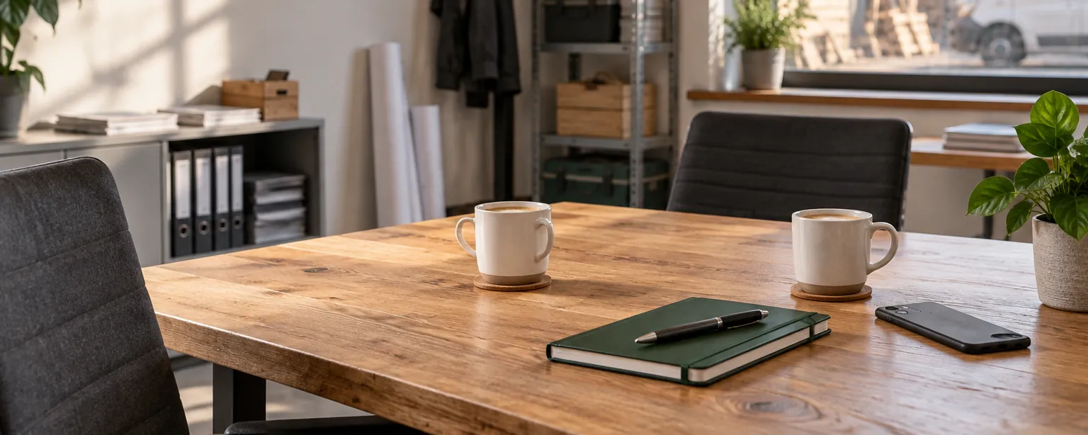Office table set for a talk with two coffee cups, notebook and pen